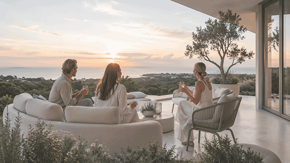 Friends sharing conversation on a bright modern terrace at sunset, viewed without visible faces