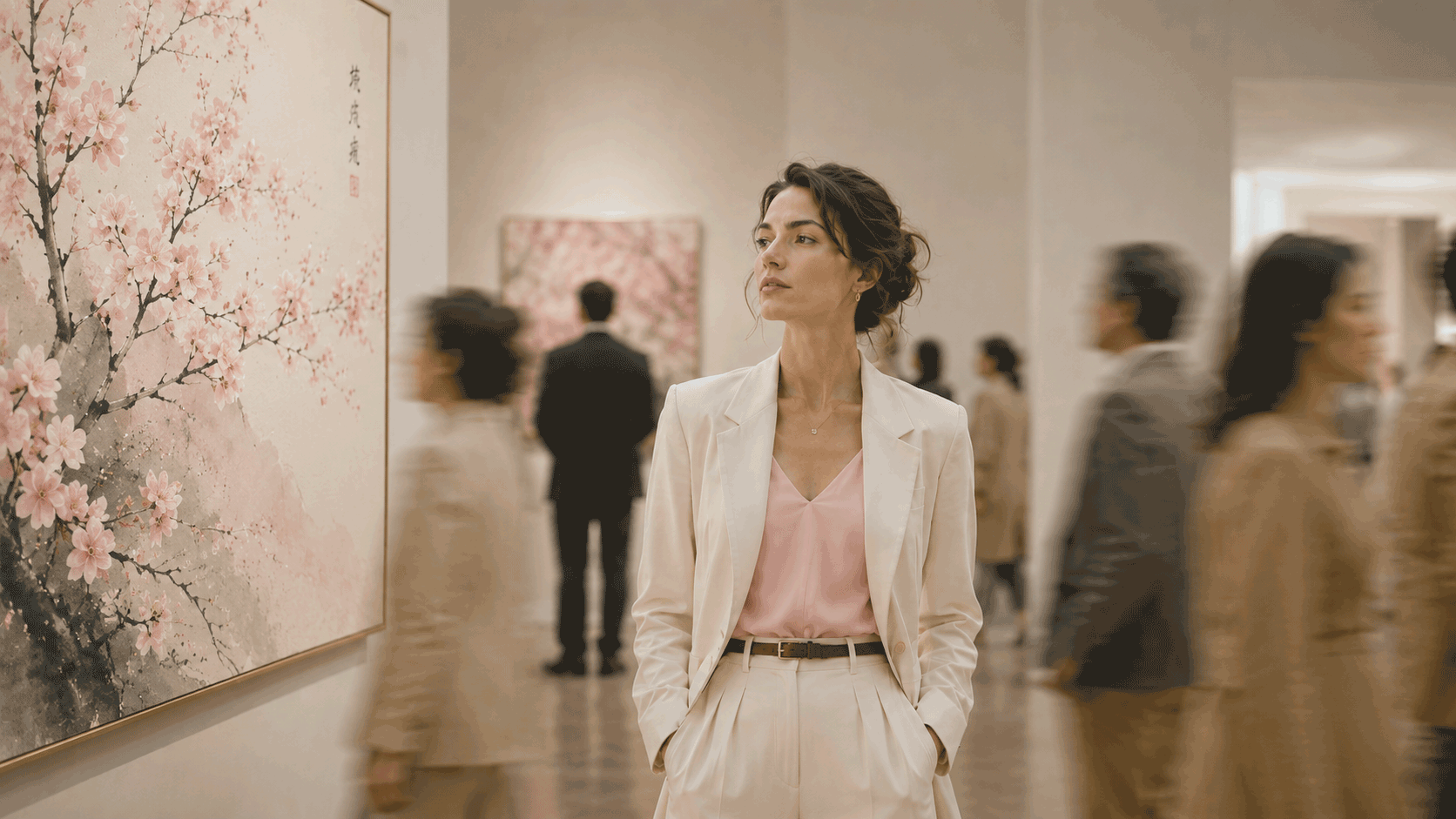 A woman pausing to observe art in a gallery with calm focus while people move around her