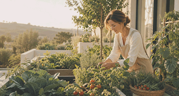 A refined home garden with vegetables, herbs and berries in warm natural light